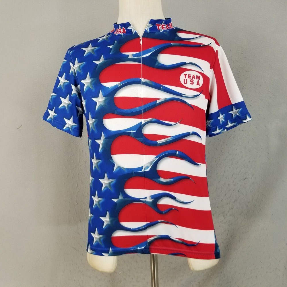 Team USA Cycling Jersey Mens Large Red White Blue Olympic Games Stars Stripes